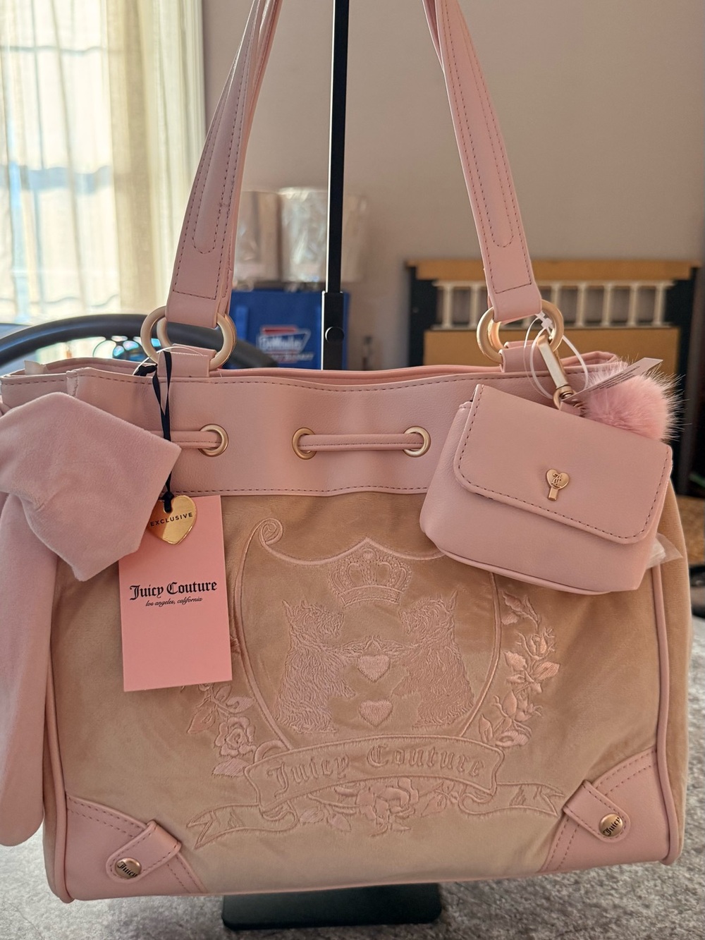 Juicy Couture Blush Pink Embroidered Tote with Charm Pouch